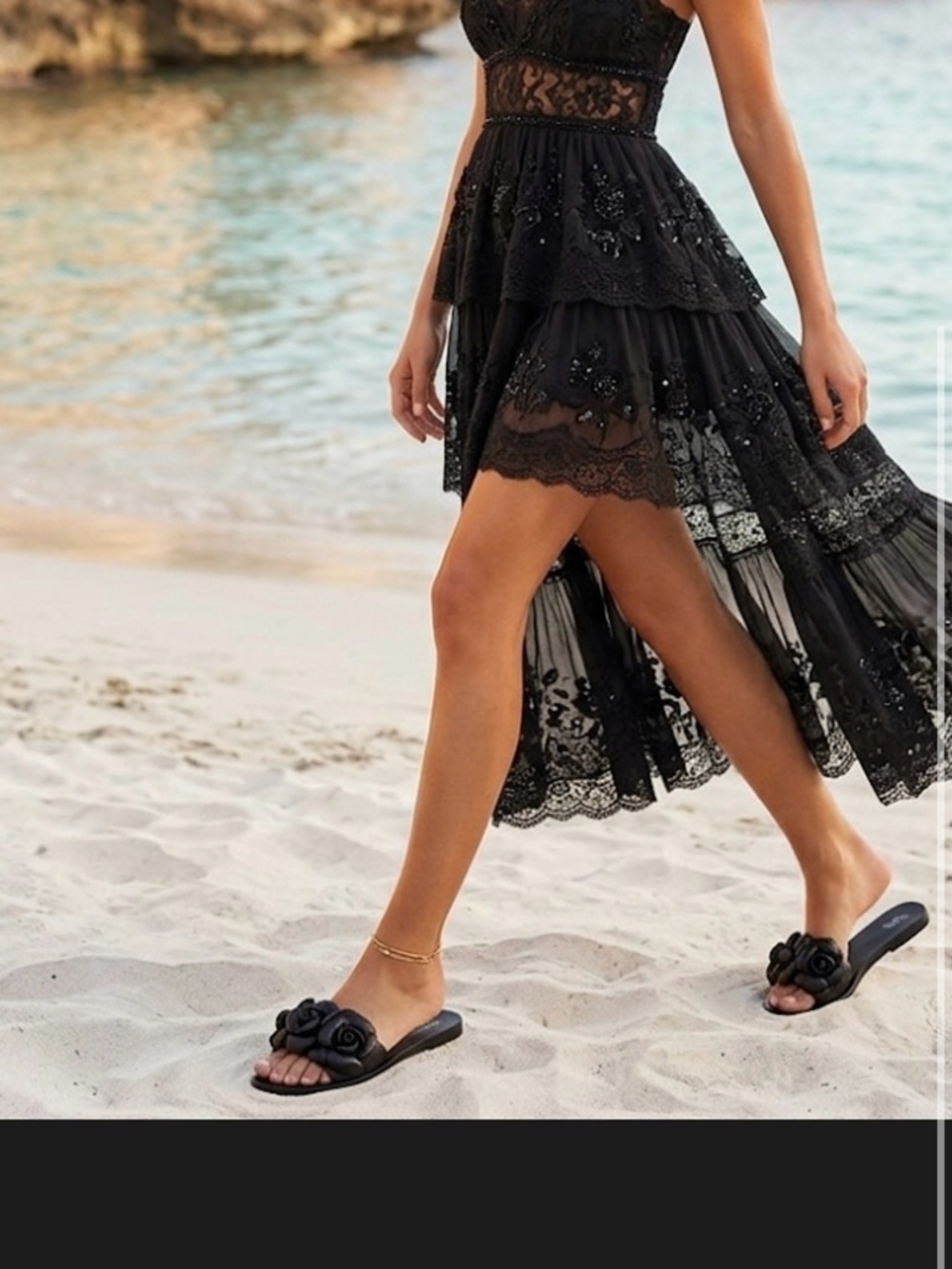 Women's Black Floral  Sandals - Elegant Summer Flats